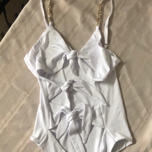 Shein White Tie One Piece Bathing Suit SOLD - Picture 2 of 4